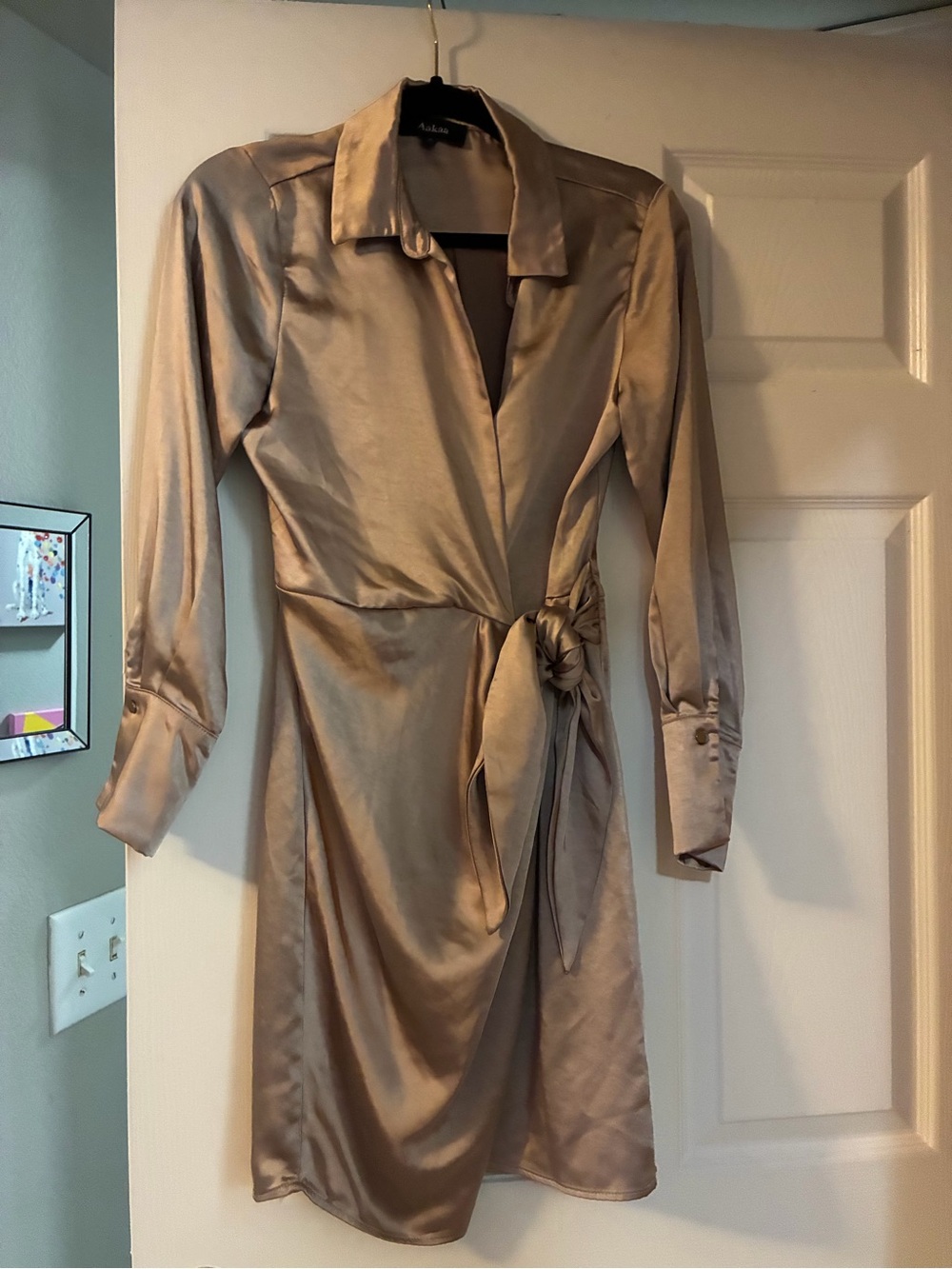 Aakaa Taupe Satin-Look Long Sleeve Wrap Dress